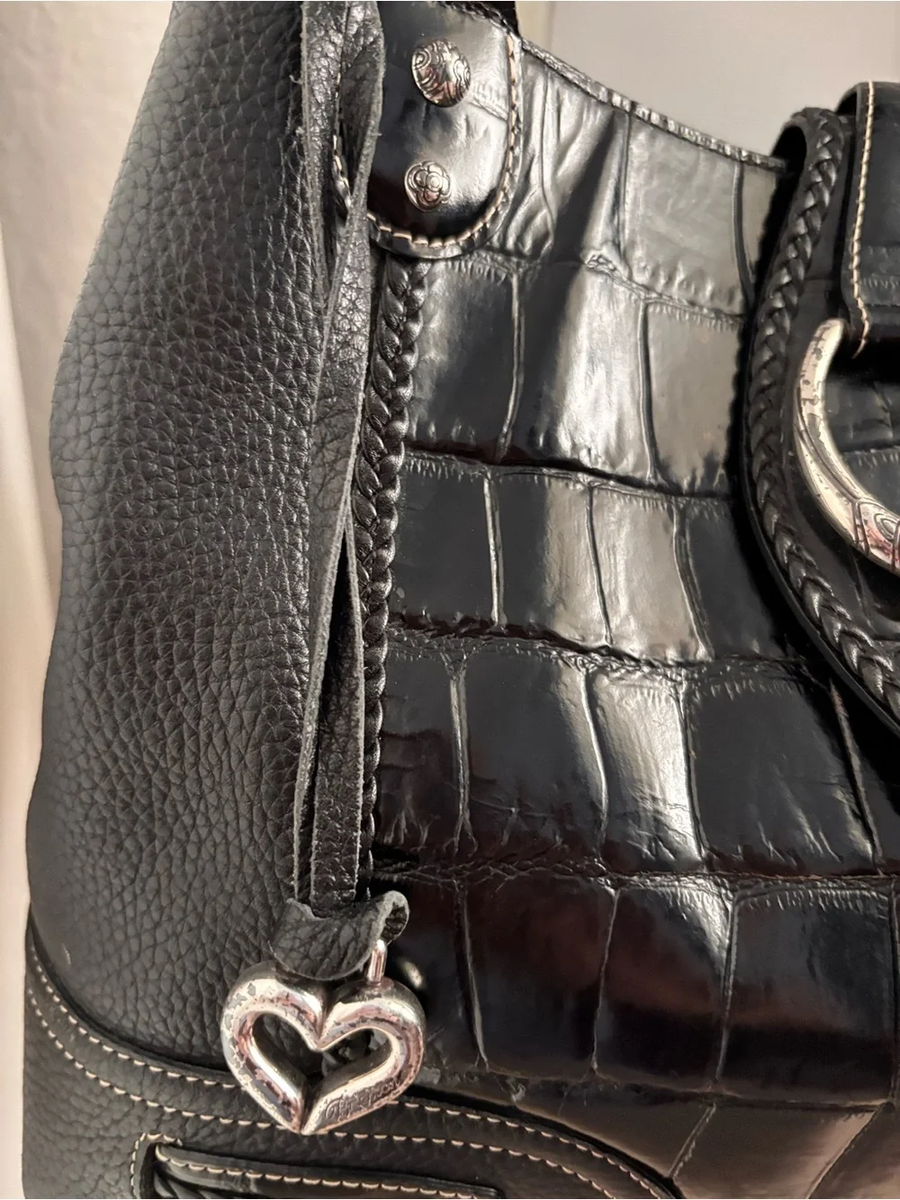Brighton Black Croc-Accent Shoulder Bag with Silver Buckle